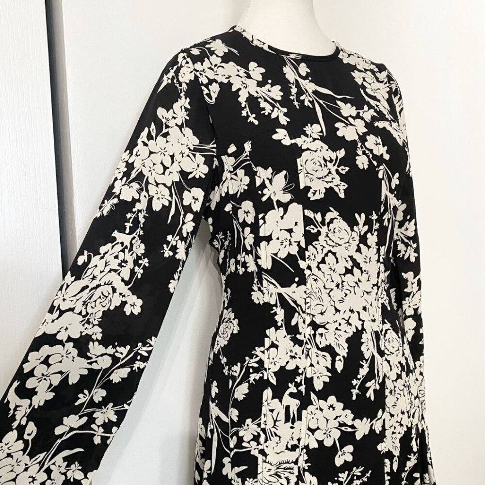 REISS GABRIELLA BLACK WHITE FLORAL LONG SLEEVE MINI DRESS - 2 - Picture 5 of 12